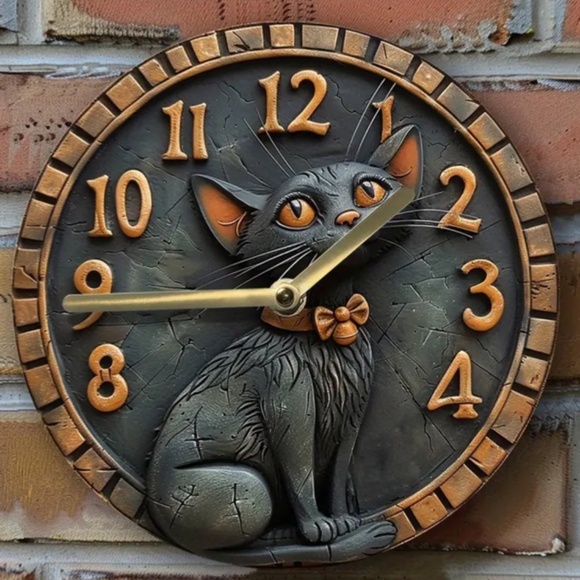 NIB! Adorable Black Cat with Orange Bow Tie Clock! - Picture 1 of 6